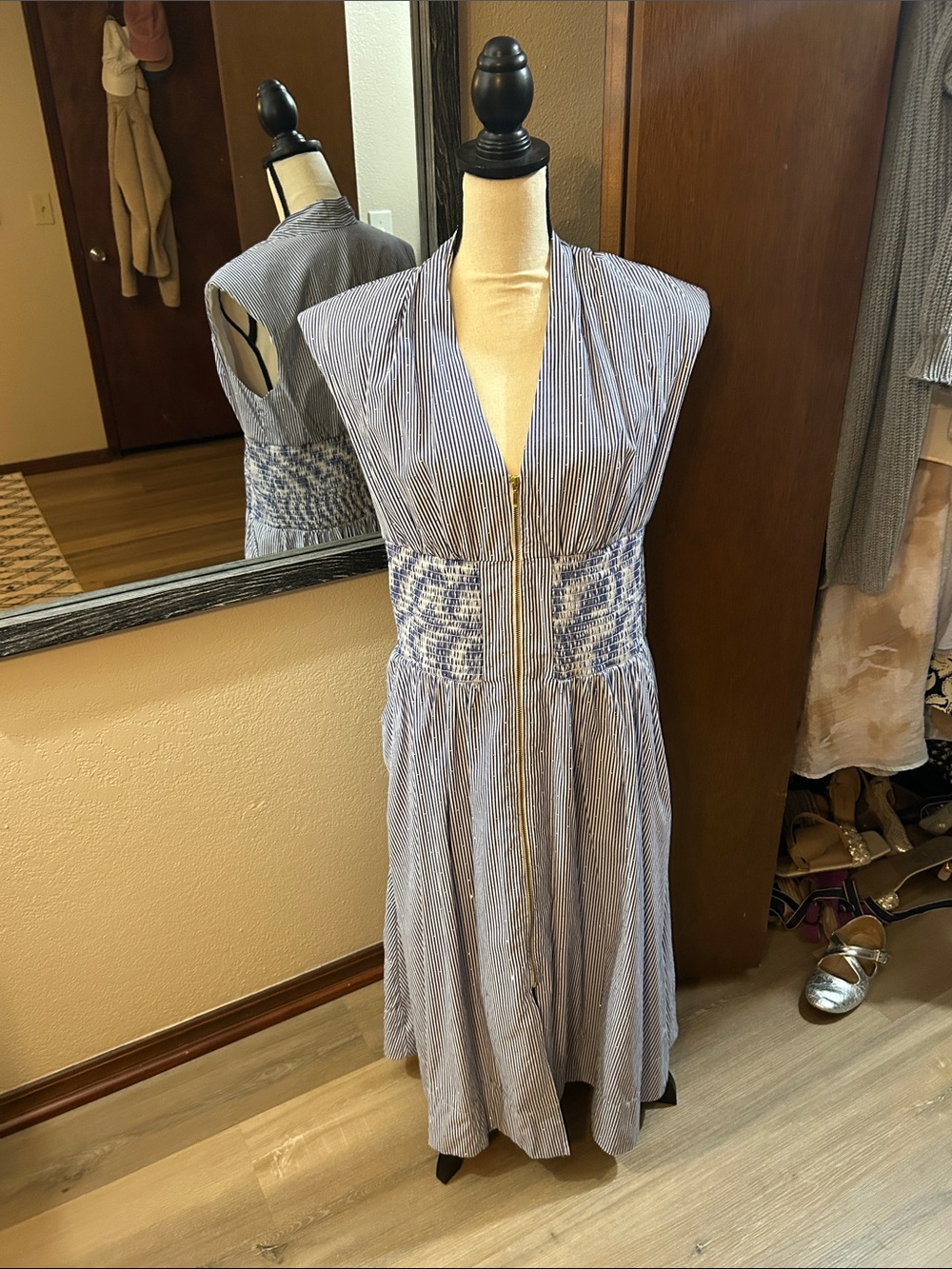 Anthropologie Blue and White Striped Zip-Front Midi Dress